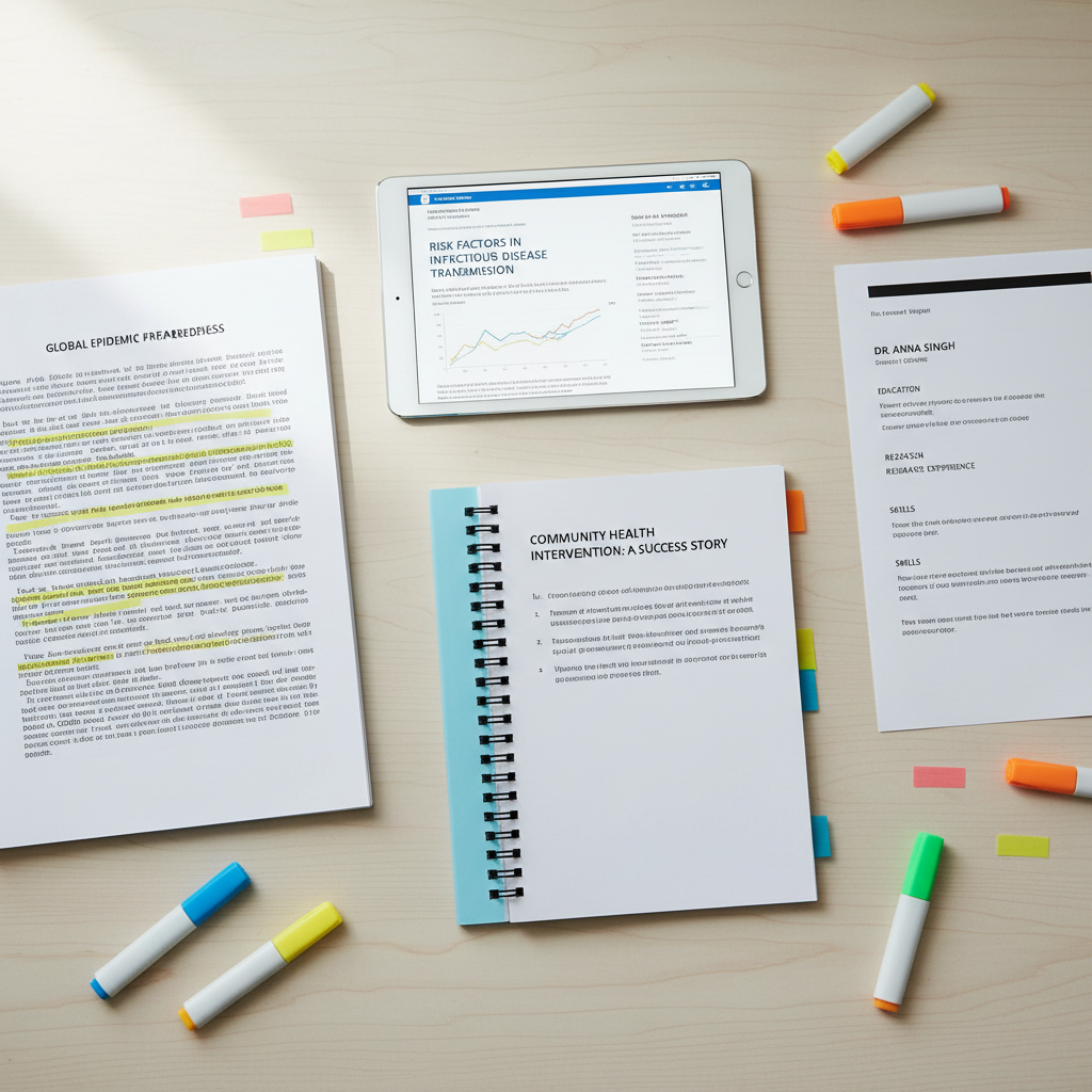 A close-up, overhead photographic view of a neatly arranged collection of public health research materials on a pale wooden table: a printed literature review with highlighted sections, a tablet displaying an abstract of a scientific article, a spiral-bound case study report, and a simple resume layout with clean typography. Around them are color-coded highlighters and adhesive tabs. Soft, diffused daylight from an unseen window creates even lighting with minimal shadows, emphasizing clarity and organization. The composition uses the rule of thirds, with documents slightly angled for visual interest. The aesthetic is clean, modern, and professional, evoking precision, critical thinking, and careful academic curation suitable for a student portfolio.