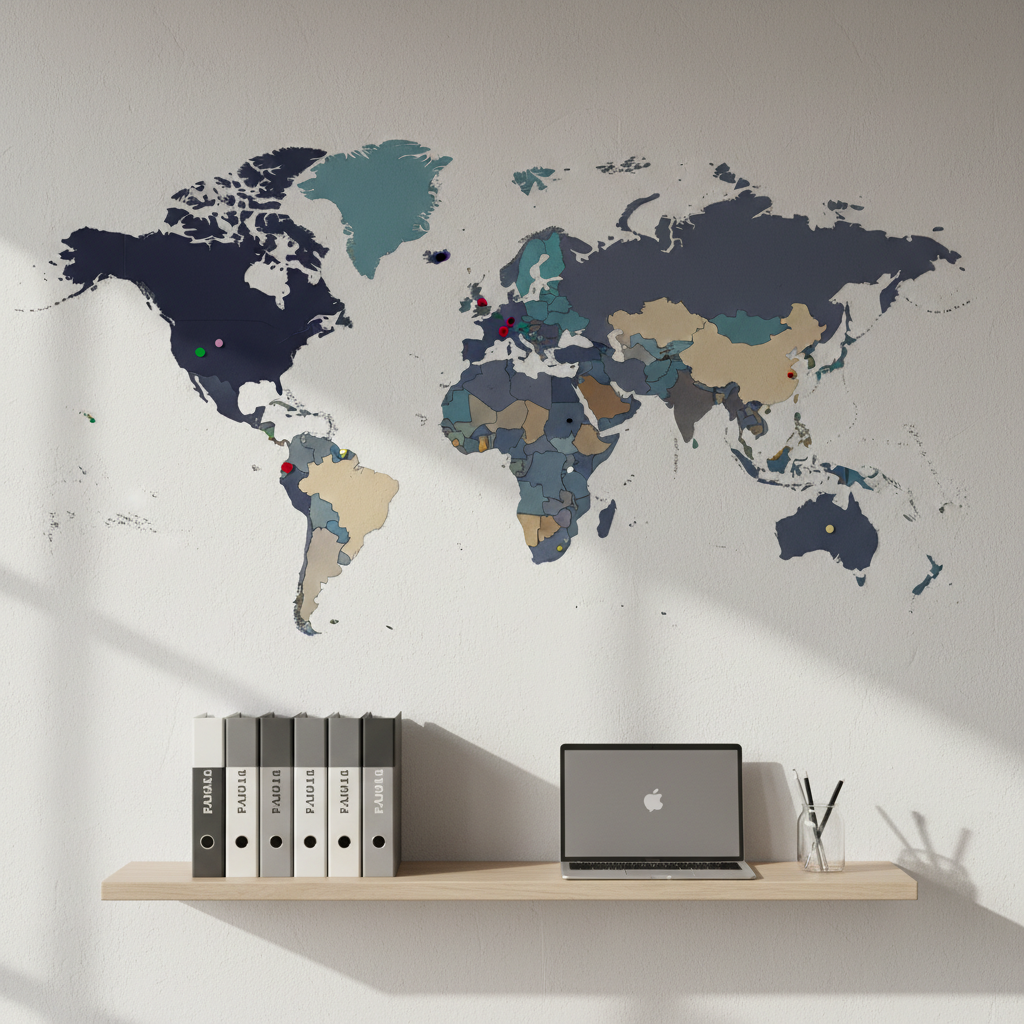 A large, wall-mounted world map in muted blues and neutrals symbolizing global public health, with small colored pins marking various regions. Below it, a sleek floating shelf holds organized binders labeled with non-readable text, a closed laptop, and a minimalist glass jar containing pens. Soft, indirect afternoon light from the side creates gentle shadows along the wall, adding depth without distraction. Captured in photographic realism from a slightly elevated angle, the composition emphasizes the map as the hero element while keeping everything else subtly in frame. The mood is analytical, globally aware, and forward-looking, aligning with the professional tone of a public health research portfolio.